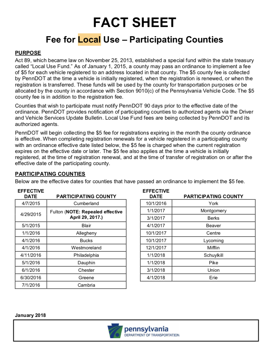 Additional Pennsylvania Vehicle Registration Fees ASC Title & Tags